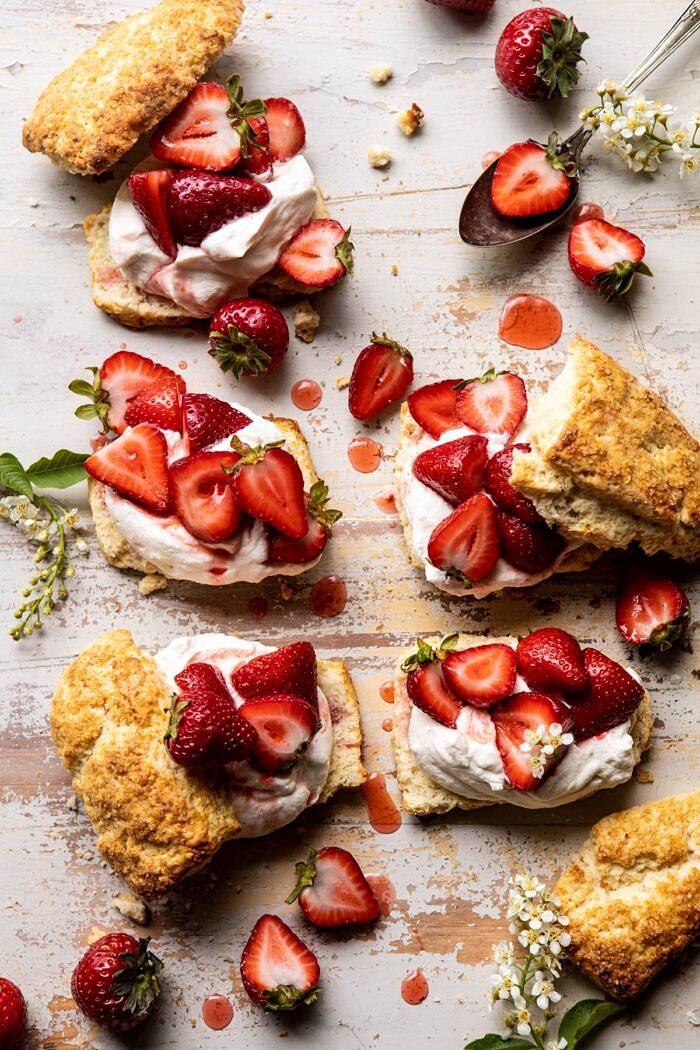 The Best Strawberry Shortcakes | halfbakedharvest.com #shortcakes #strawberries #summer #strawberry overhead photo of The Best Strawberry Shortcakes