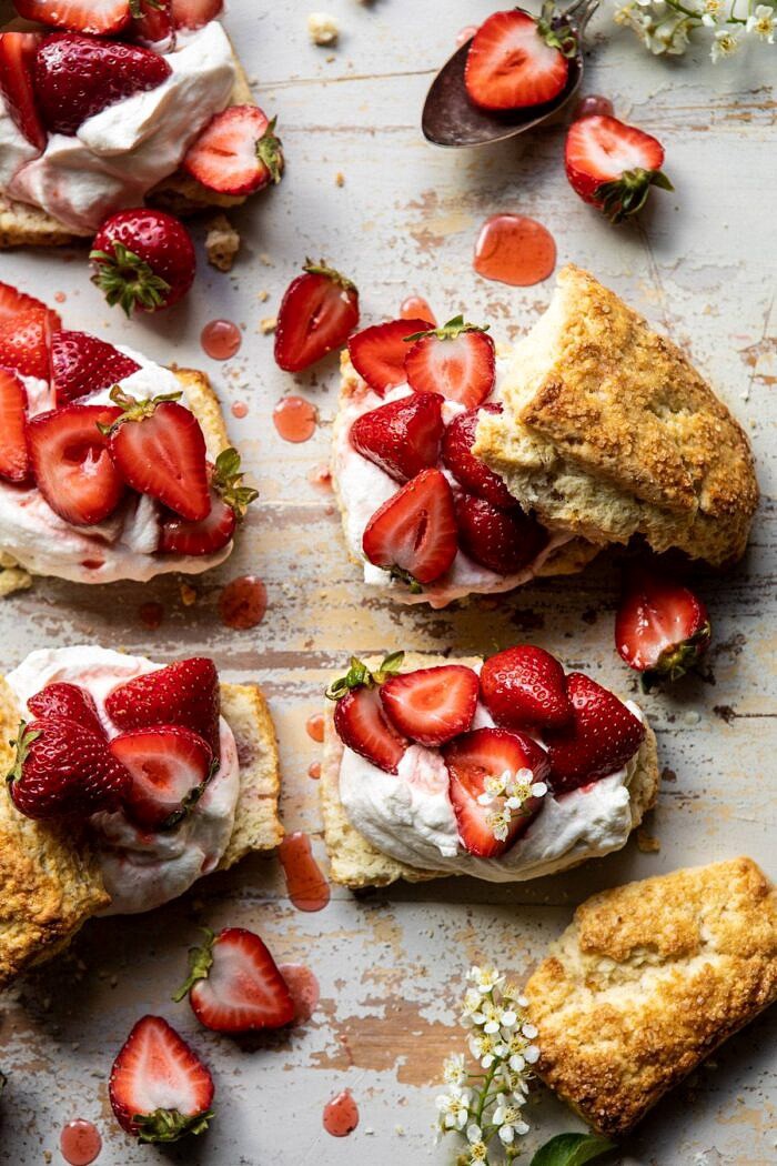 The Best Strawberry Shortcakes | halfbakedharvest.com #shortcakes #strawberries #summer #strawberry overhead close up photo of The Best Strawberry Shortcakes