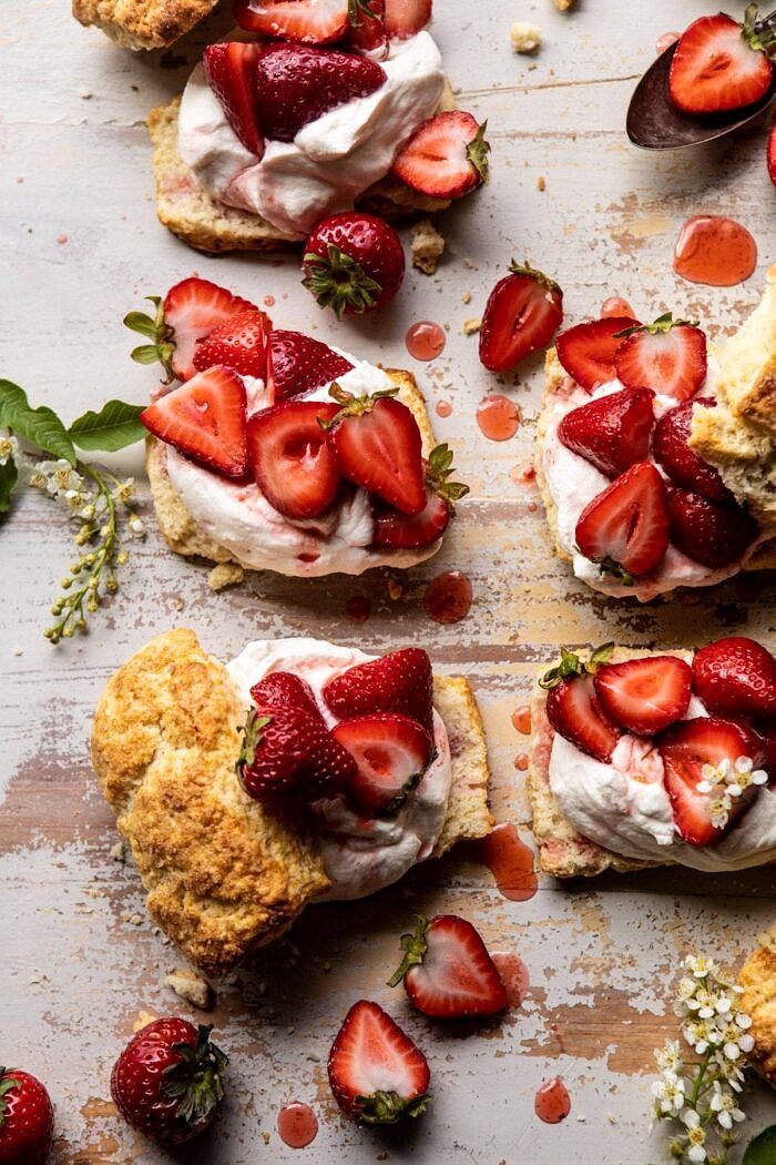 The Best Strawberry Shortcakes | halfbakedharvest.com #shortcakes #strawberries #summer #strawberry overhead close up photo of The Best Strawberry Shortcakes
