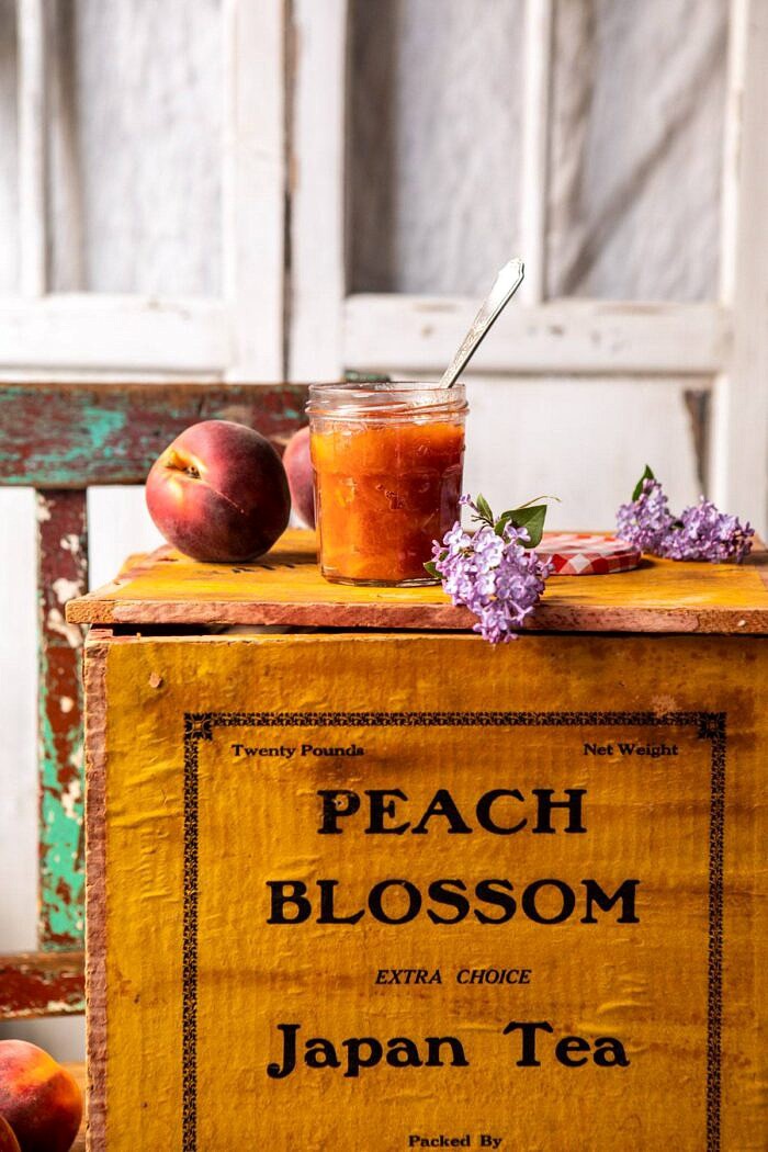 Balsamic Peach Spritz | halfbakedharvest.com #peach #peaches #wine #cocktail #drinks peach jam on peach box