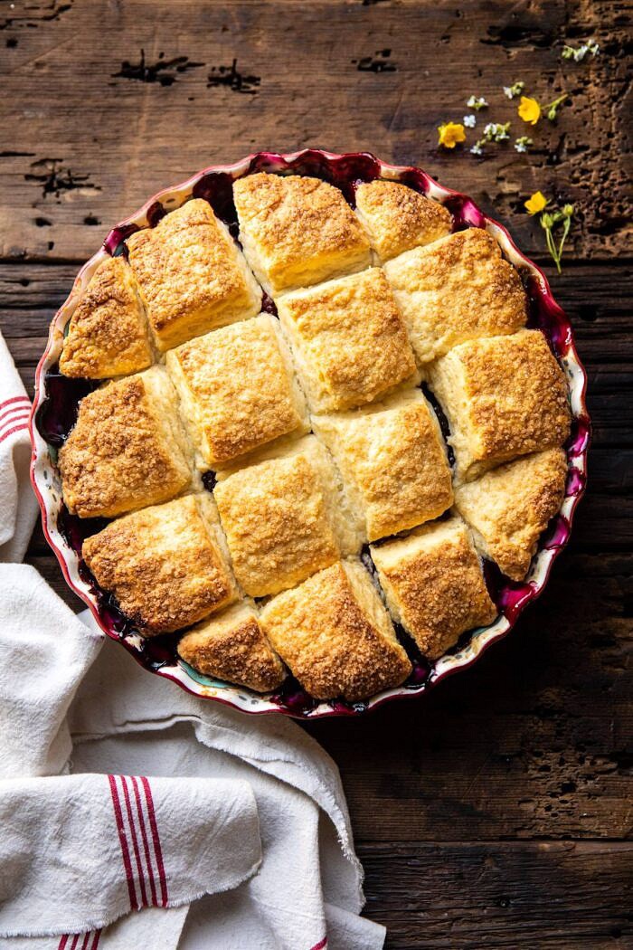 Blackberry Lavender Cobbler | halfbakedharvest.com #cobbler #blackerry #dessert overhead photo of Blackberry Lavender Cobbler after being removed from the oven