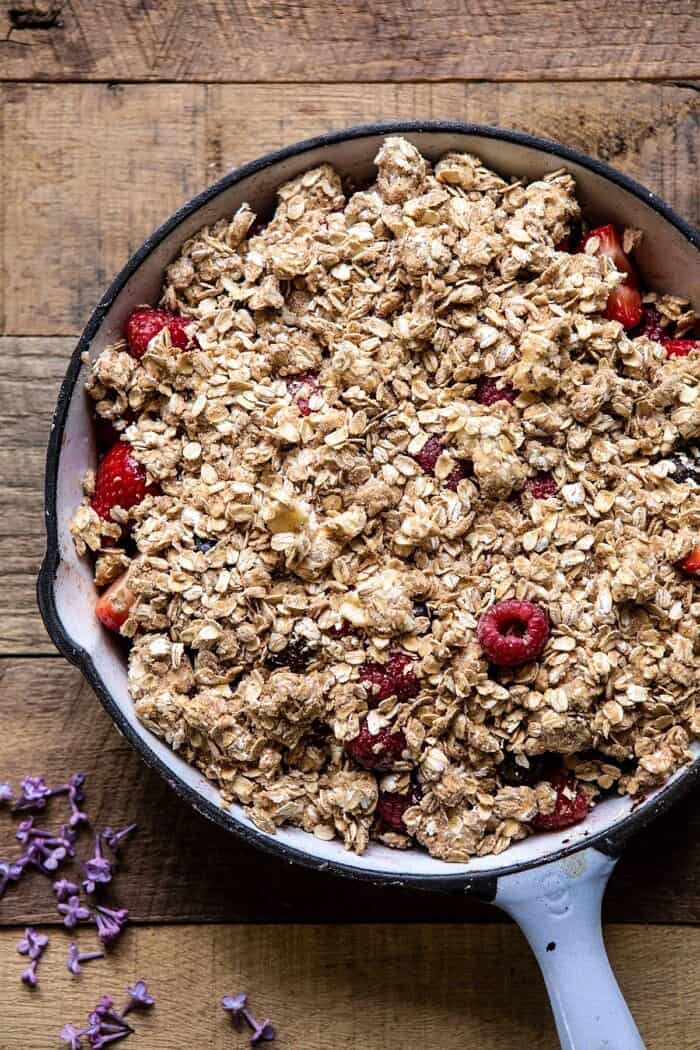 Buttery Cherry Berry Skillet Crisp | halfbakedharvest.com #berries #summerrecipes #easyrecipes #cherries Buttery Cherry Berry Skillet Crisp in skillet before baking