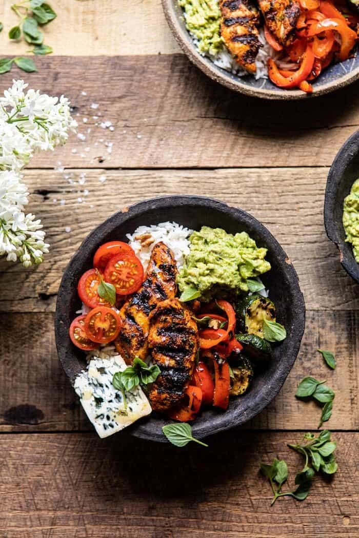 California Chicken, Veggie, Avocado and Rice Bowls | halfbakedharvest.com #chicken #chickenbowl #ricebowl #healthy overhead photo of California Chicken, Veggie, Avocado and Rice Bowls