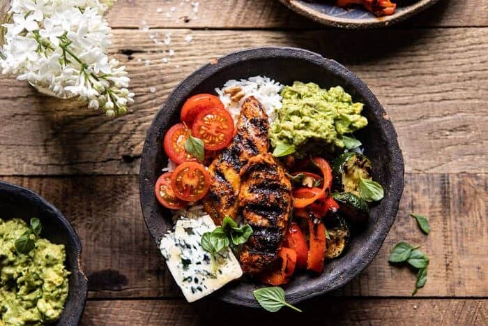 California Chicken, Veggie, Avocado and Rice Bowls | halfbakedharvest.com #chicken #chickenbowl #ricebowl #healthy horizontal photo of California Chicken, Veggie, Avocado and Rice Bowls