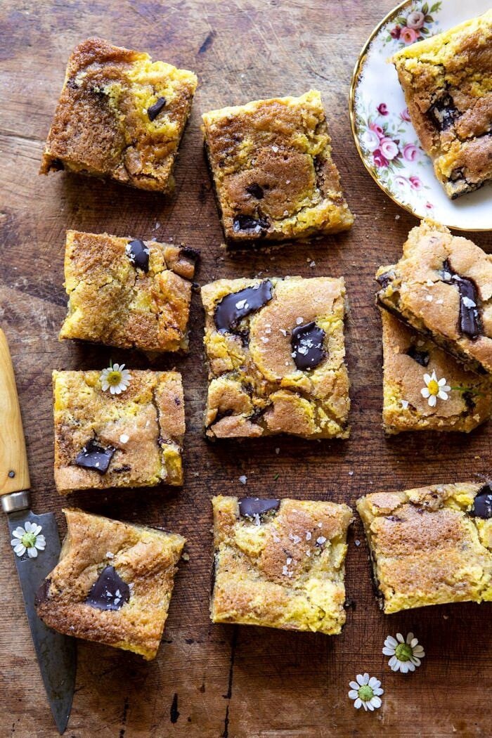 Crème Fraîche Chocolate Chunk Cookie Bars | halfbakedharvest.com #cookies #chocolatechipcookies #cookiebar overhead photo of Crème Fraîche Chocolate Chunk Cookie Bars