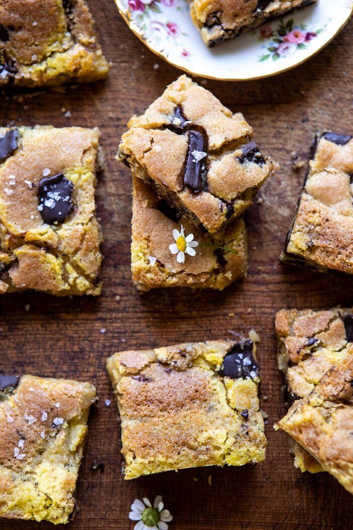Crème Fraîche Chocolate Chunk Cookie Bars | halfbakedharvest.com #cookies #chocolatechipcookies #cookiebar overhead close up photo of Crème Fraîche Chocolate Chunk Cookie Bars