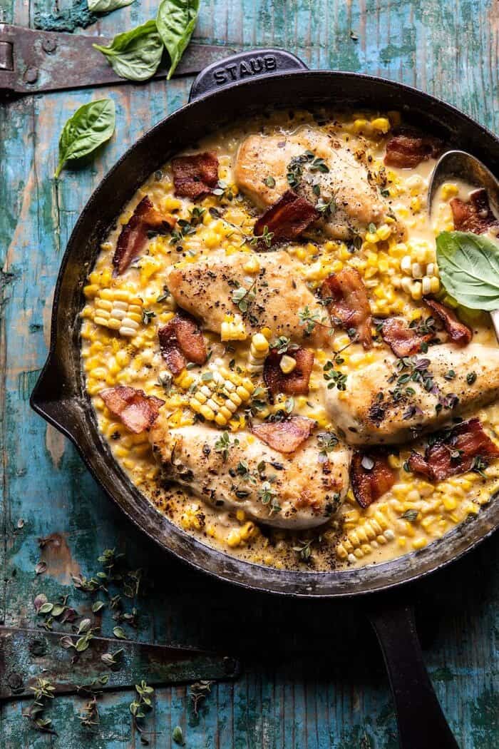 The 25 Most Popular Summer Recipes | halfbakedharvest.com #chicken #corn #summer #easy #dinner garlic butter chicken in skillet