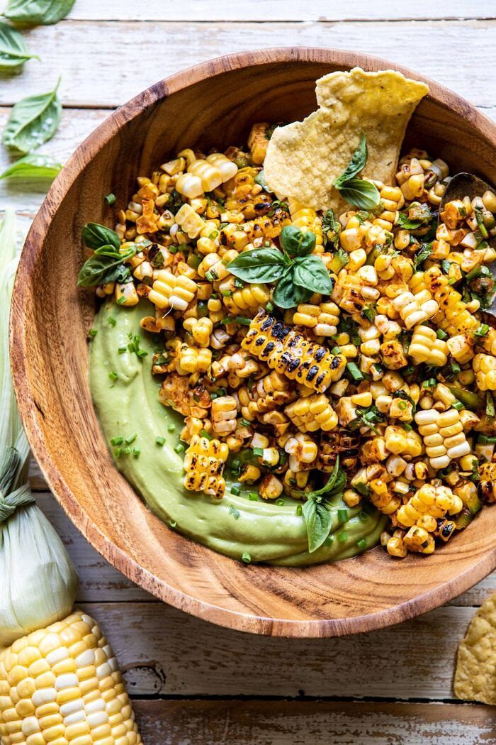Grilled Street Corn Salad with Avocado Mayo | halfbakedharvest.com #corn #salad #easyrecipes #summer overhead close up photo fo Grilled Street Corn Salad with Avocado Mayo