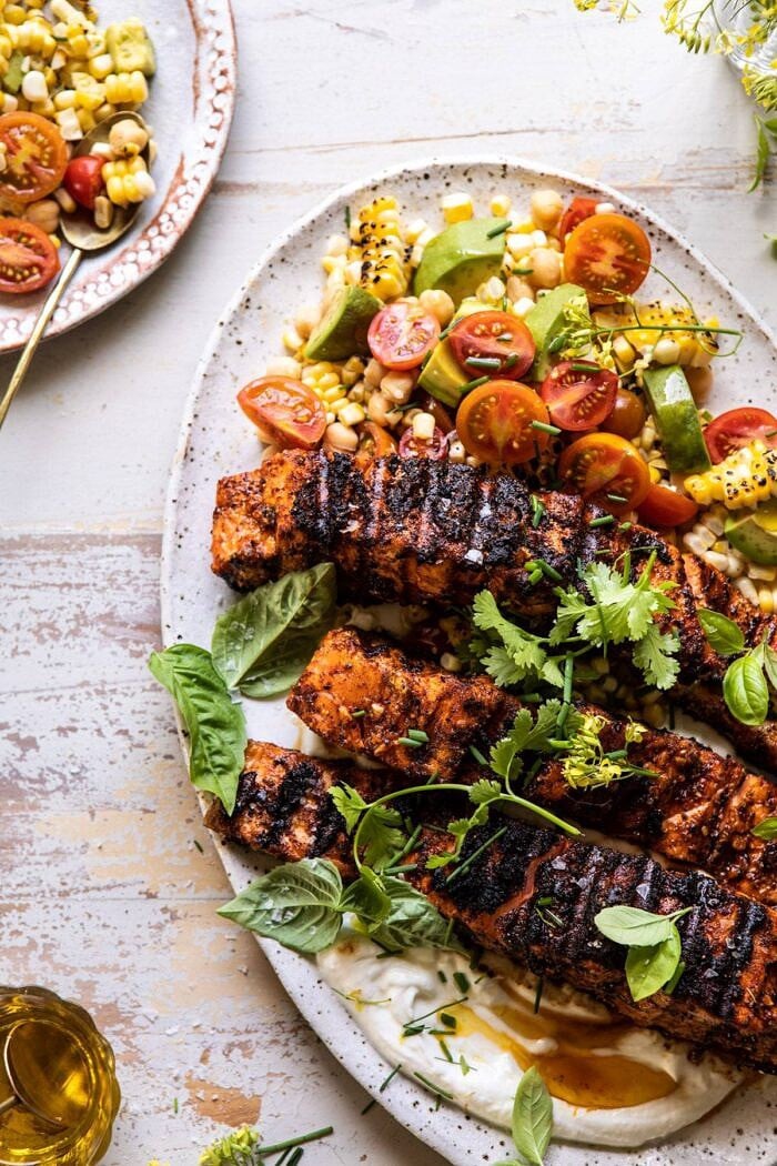 Lemon Parmesan Salmon with Corn, Tomato, and Avocado Salad | halfbakedharvest.com #salmon #grillingrecipes #dinner