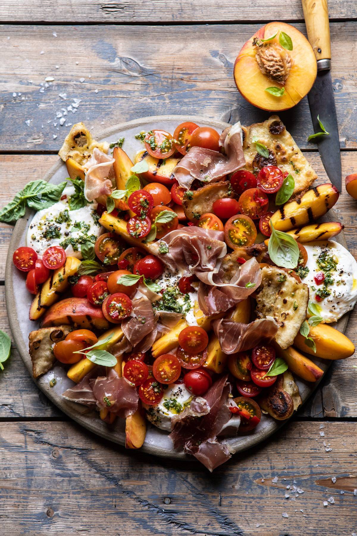 Peach Caprese Salad with Toasted Garlic Naan | halfbakedharvest.com #salad #peaches #burrata