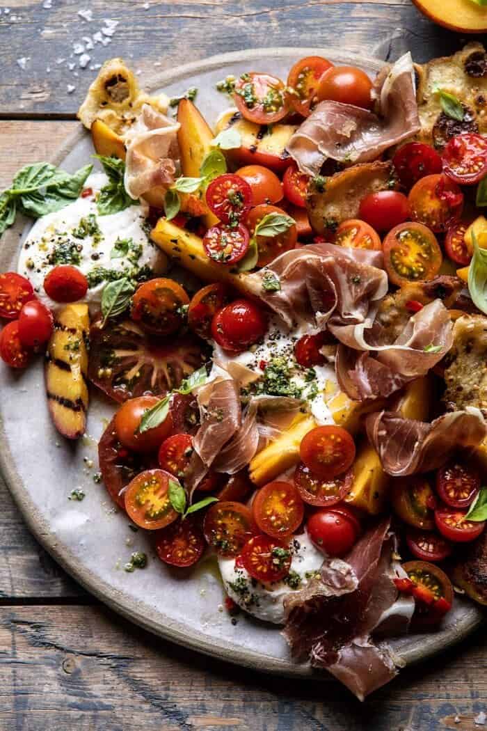 Peach Caprese Salad with Toasted Garlic Naan | halfbakedharvest.com #salad #peaches #burrata