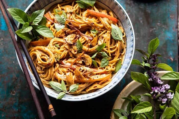 Spicy Peanut Noodles with Chili Garlic Oil | halfbakedharvest.com #peanutnoodles #easyrecipes #dinner #healthy horizontal photo of Spicy Peanut Noodles with Chili Garlic Oil