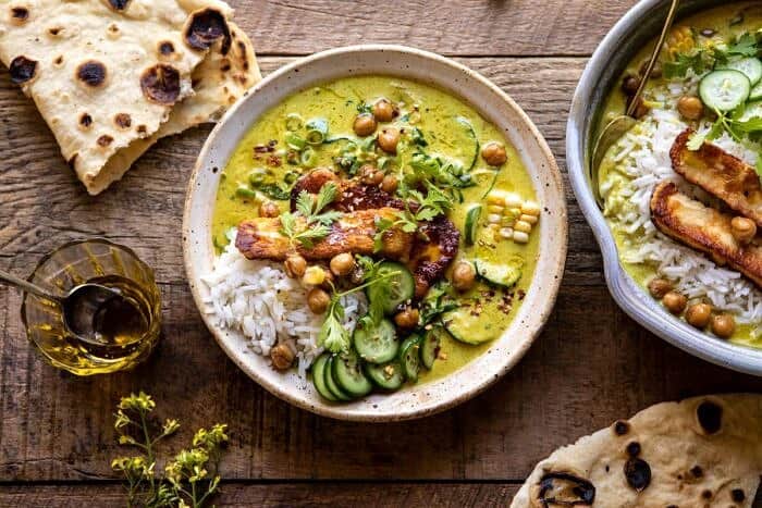 Summer Coconut Chickpea Curry with Rice and Fried Halloumi | halfbakedharvest.com #coconut #vegan #curry #easyrecipes #summer horizontal photo of Summer Coconut Chickpea Curry with Rice and Fried Halloumi