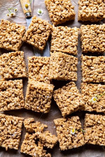 Better Than Mom's Brown Butter Rice Krispie Treats | halfbakedharvest.com #ricekrispietreats #healthier #easy #backtoschool #dessert