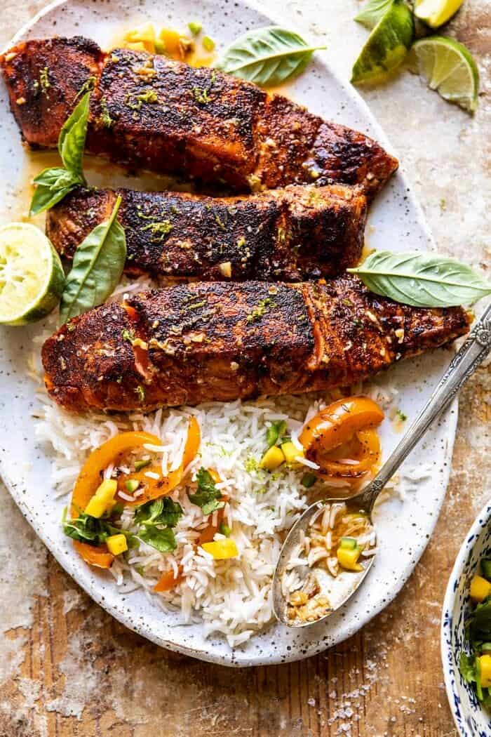 overhead close up photo of Cilantro Lime Salmon with Mango Salsa on serving platter