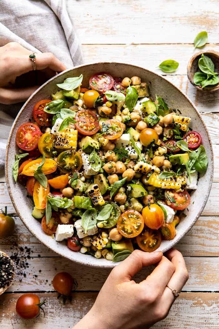 Corn, Tomato, and Avocado Chickpea Salad | halfbakedharvest.com #healthy #tomatosalad #quick #mealprep