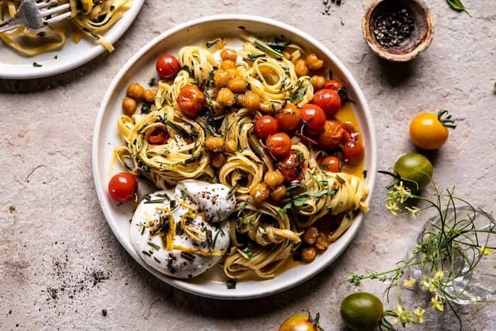Jammy Cherry Tomato Pasta with Crisp Lemon Rosemary Chickpeas | halfbakedharvest.com #pasta #tomatoes #burrata horizontal photo of Jammy Cherry Tomato Pasta with Crisp Lemon Rosemary Chickpeas