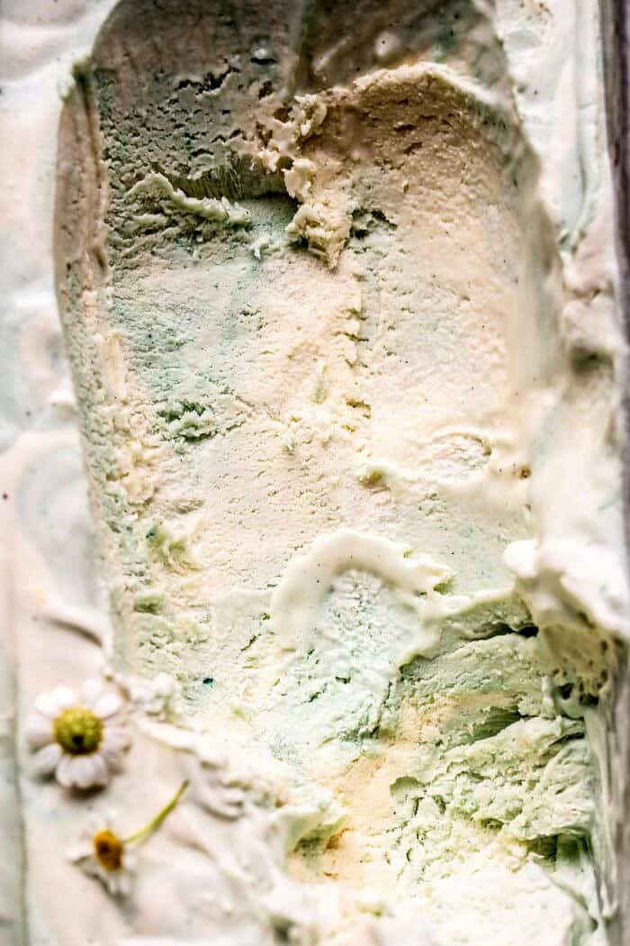 overhead close up photo of No Churn Minted White Chocolate Swirled Ice Cream 