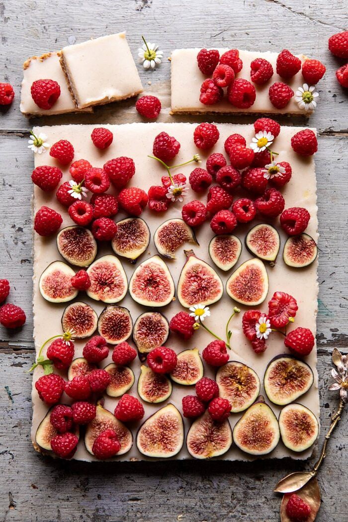 overhead photo of No Fuss Healthy Coconut Tart with 1 row of bars cut