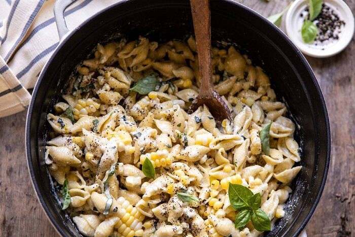One Pot Lemon Basil, Corn, and Ricotta Pasta | halfbakedharvest.com #onepot #easyrecipes #pasta #summer horizontal photo of One Pot Lemon Basil, Corn, and Ricotta Pasta