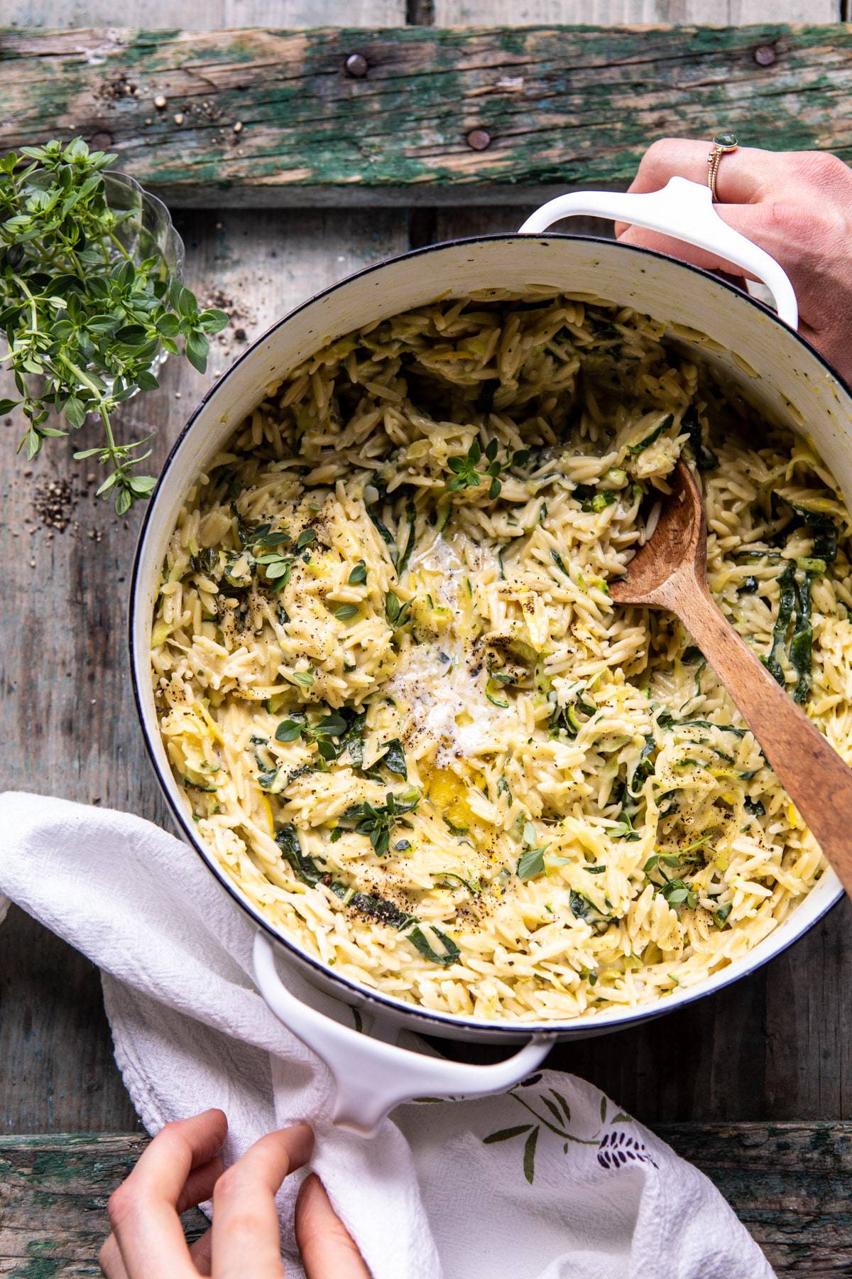 Souper Creamy Lemon Butter Cheesy Zucchini Orzo | halfbakedharvest.com #orzo #easyrecipes #zucchini
