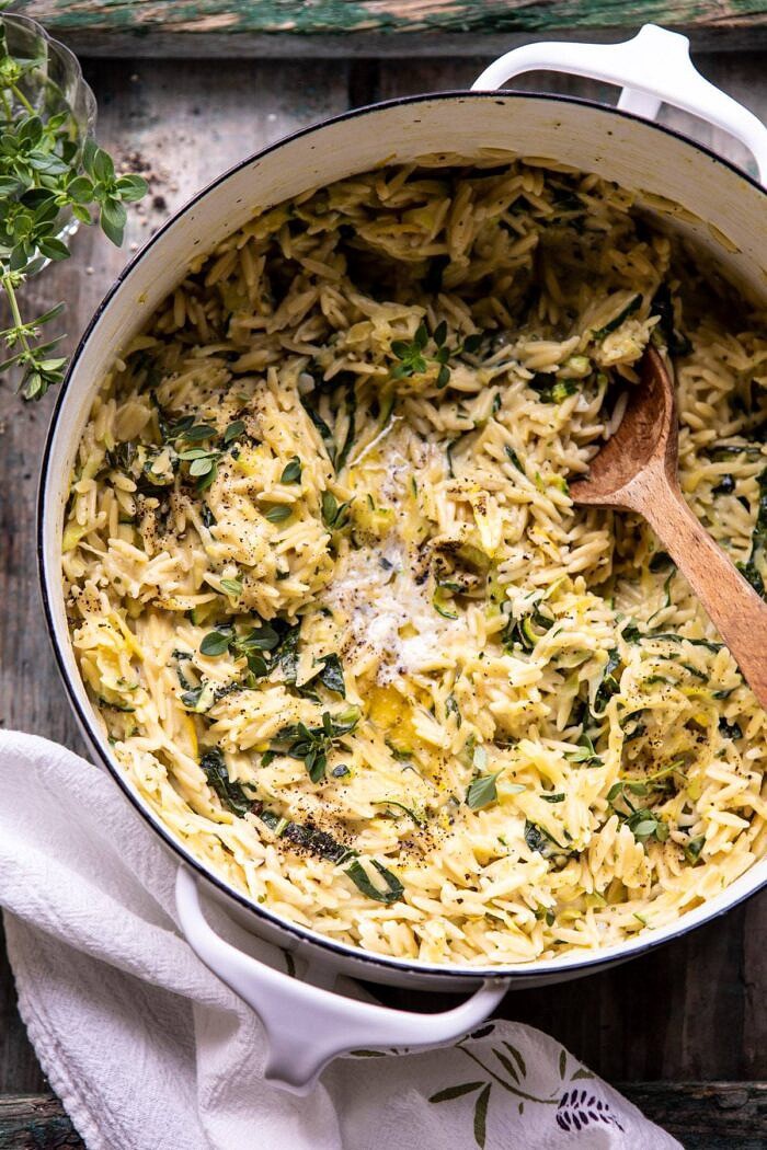 overhead close up photo of Souper Creamy Lemon Butter Cheesy Zucchini Orzo 