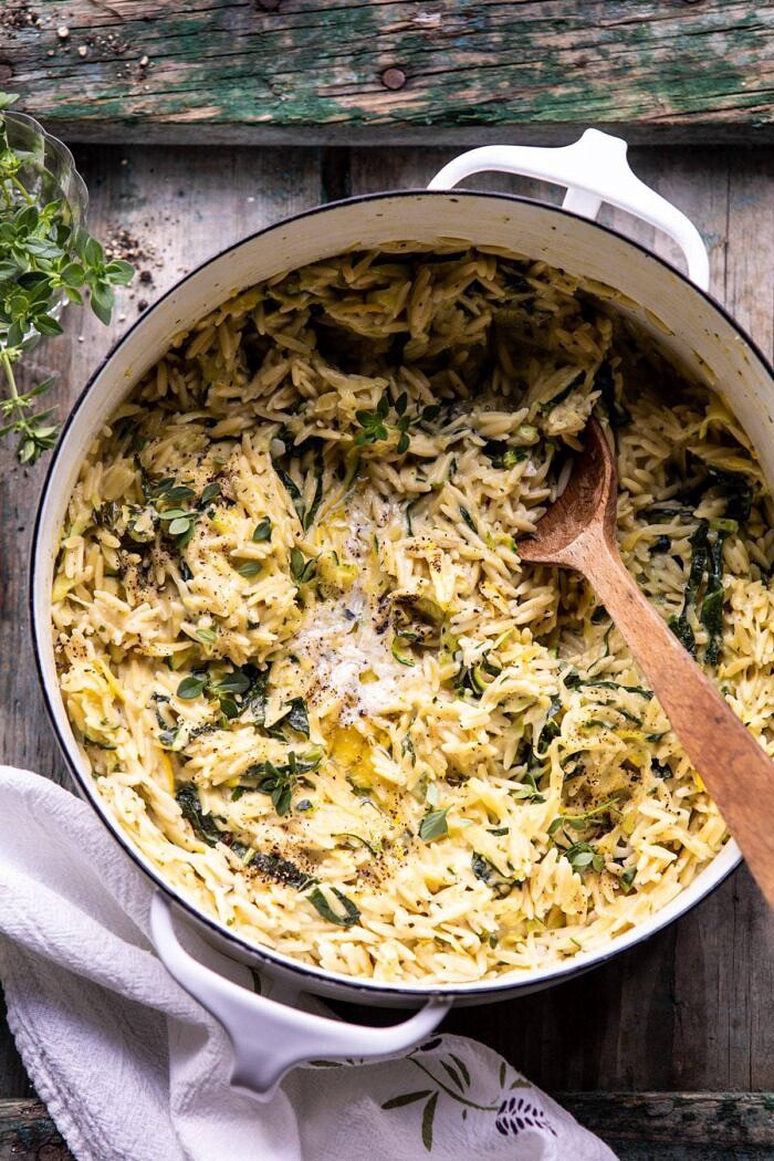 overhead photo of Souper Creamy Lemon Butter Cheesy Zucchini Orzo 