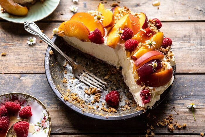 Peaches and Cream Pretzel Pie | halfbakedharvest.com #pie #peach #summer #dessert #easy horizontal photo of Peaches and Cream Pretzel Pie