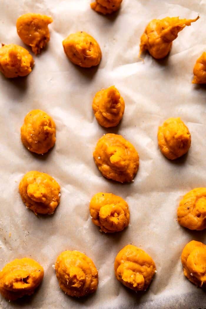 ovehead photo of Sweet Potatoes before being coating in bread crumbs