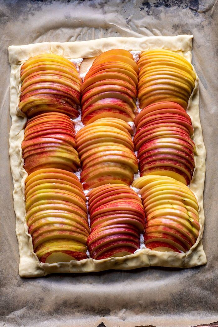 Chai Spiced Apple Ricotta Galette | halfbakedhavest.com #apple #pastry #fallrecipes #autumn overhead photo of Chai Spiced Apple Ricotta Galette before baking