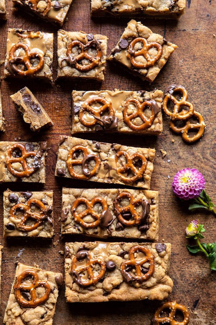 Chocolate Peanut Butter Pretzel Blondies | halfbakedharvest.com #peanutbutter #chocolate #pretzels #fall #autumn #dessert overhead photo of Chocolate Peanut Butter Pretzel Blondies
