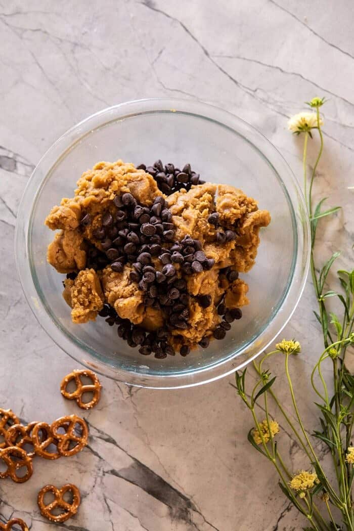 Chocolate Peanut Butter Pretzel Blondies | halfbakedharvest.com #peanutbutter #chocolate #pretzels #fall #autumn #dessert Chocolate Peanut Butter Pretzel Blondie dough in mixing bowl