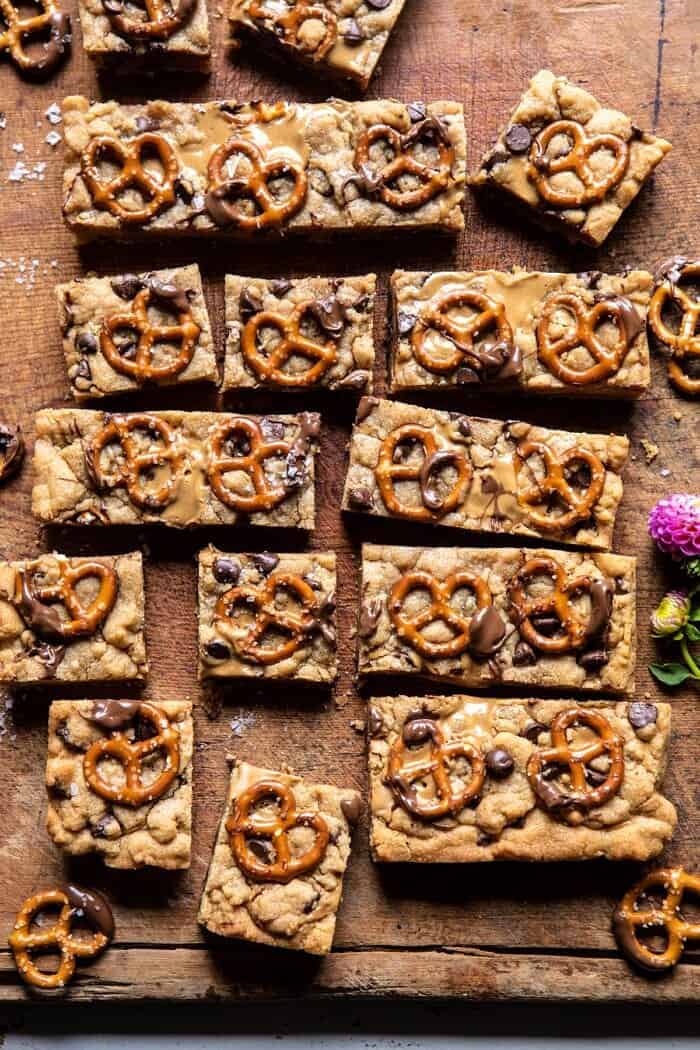 Chocolate Peanut Butter Pretzel Blondies | halfbakedharvest.com #peanutbutter #chocolate #pretzels #fall #autumn #dessert overhead photo of Chocolate Peanut Butter Pretzel Blondies