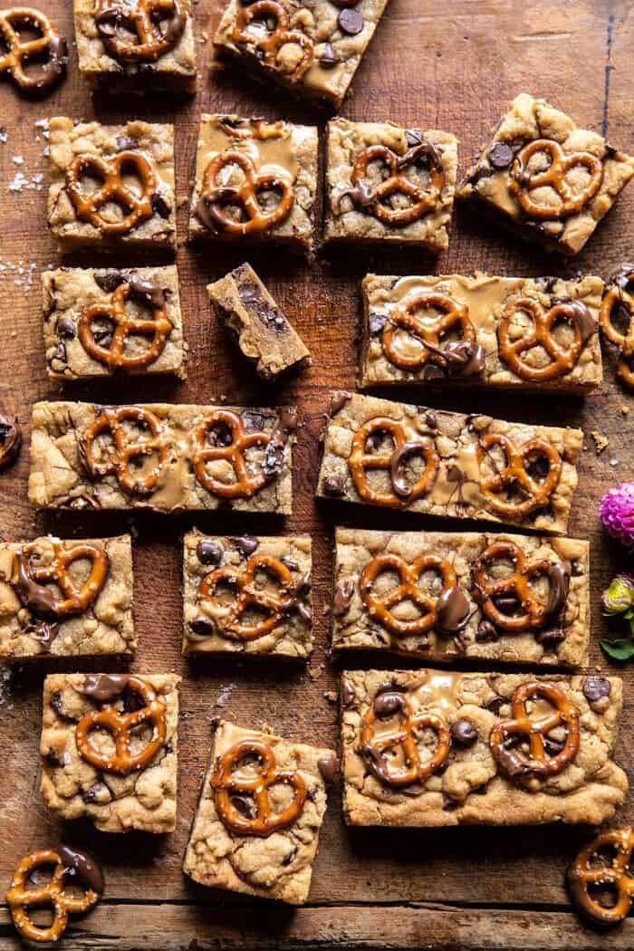 Chocolate Peanut Butter Pretzel Blondies | halfbakedharvest.com #peanutbutter #chocolate #pretzels #fall #autumn #dessert overhead photo of Chocolate Peanut Butter Pretzel Blondies