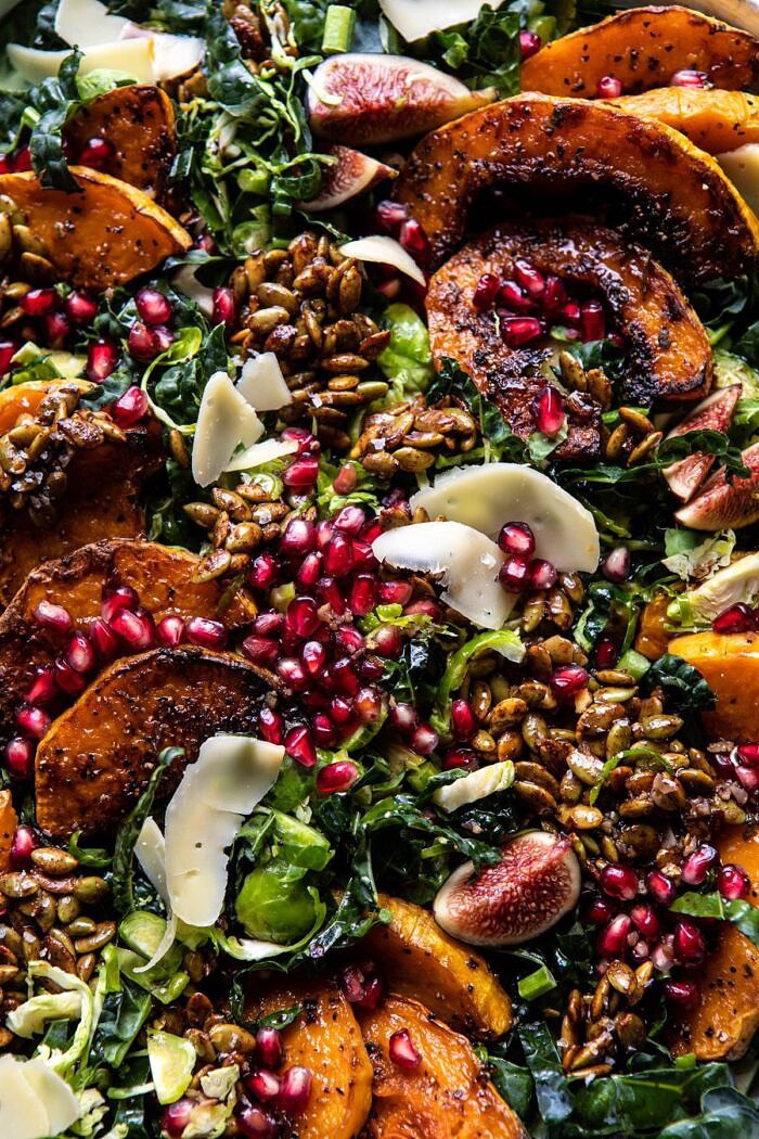 Fall Harvest Roasted Butternut Squash and Pomegranate Salad | halfbakedharvest.com #salad #autumnrecipes #easyrecipes #healthy #butternutsquash overhead close up photo of Fall Harvest Roasted Butternut Squash and Pomegranate Salad