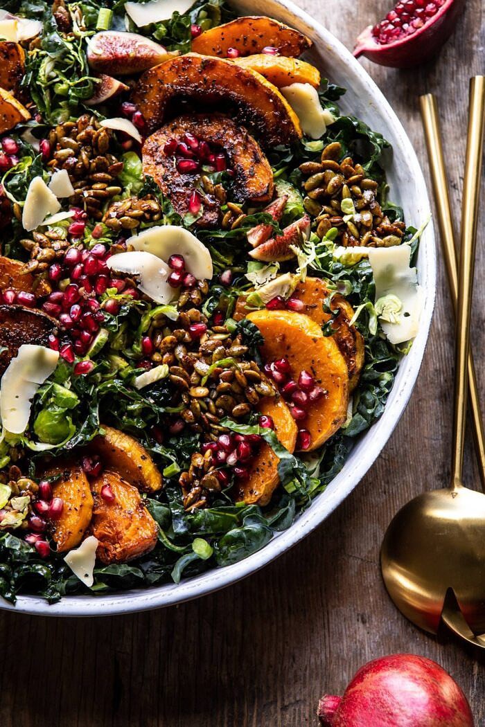 Fall Harvest Roasted Butternut Squash and Pomegranate Salad | halfbakedharvest.com #salad #autumnrecipes #easyrecipes #healthy #butternutsquash side angled photo of Fall Harvest Roasted Butternut Squash and Pomegranate Salad