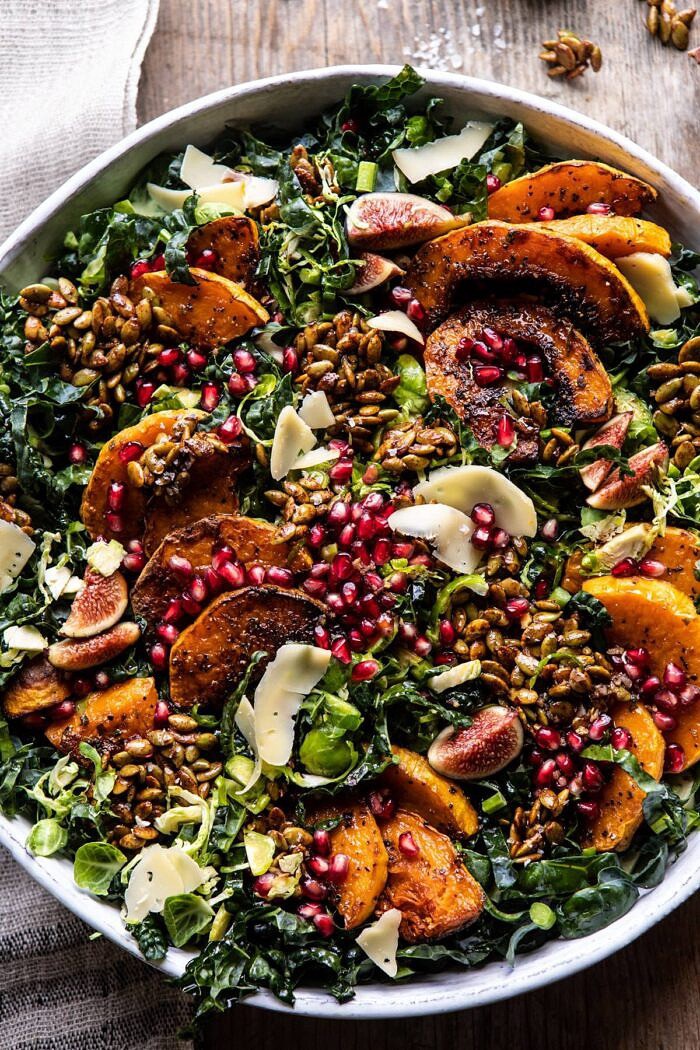 Fall Harvest Roasted Butternut Squash and Pomegranate Salad | halfbakedharvest.com #salad #autumnrecipes #easyrecipes #healthy #butternutsquash overhead photo of Fall Harvest Roasted Butternut Squash and Pomegranate Salad