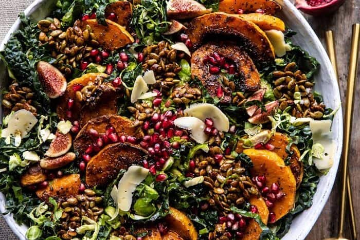 Fall Harvest Roasted Butternut Squash and Pomegranate Salad | halfbakedharvest.com #salad #autumnrecipes #easyrecipes #healthy #butternutsquash horizontal photo of Fall Harvest Roasted Butternut Squash and Pomegranate Salad