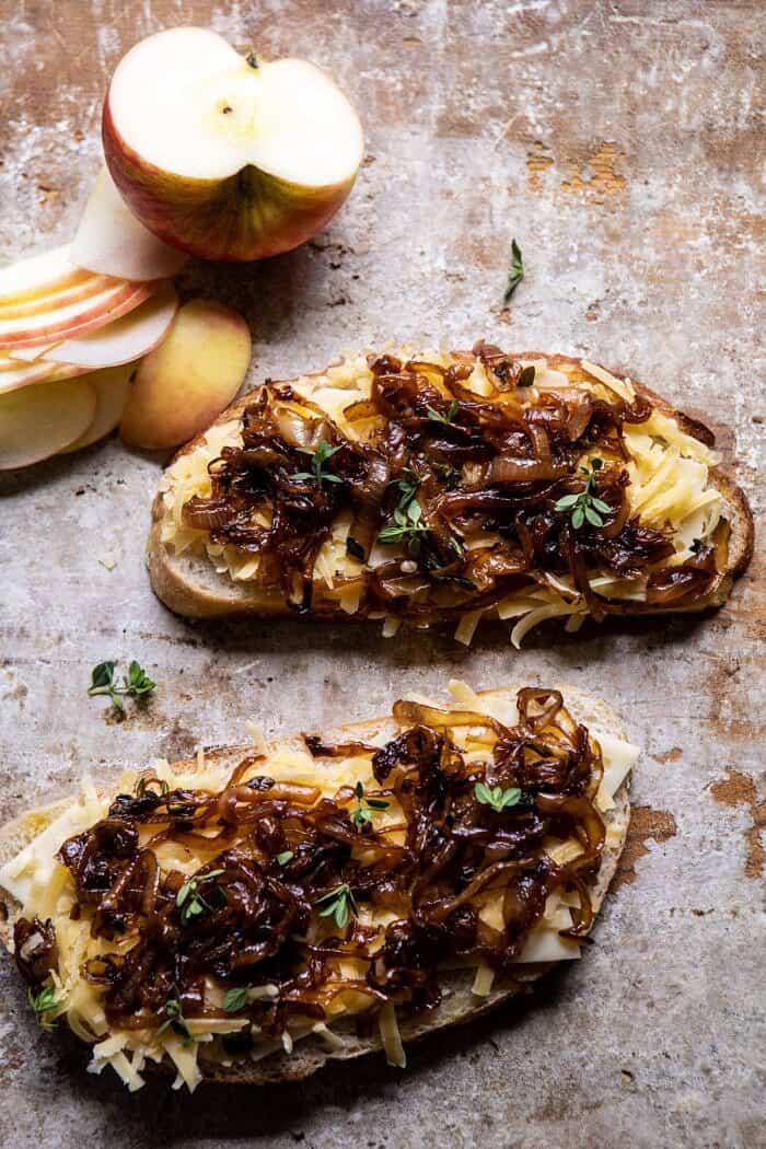 French Onion and Apple Grilled Cheese | halfbakedharvest.com #grilledcheese #frenchonion #easyrecipes #fall #autumn overhead prep photo of French onions being added to grilled cheese