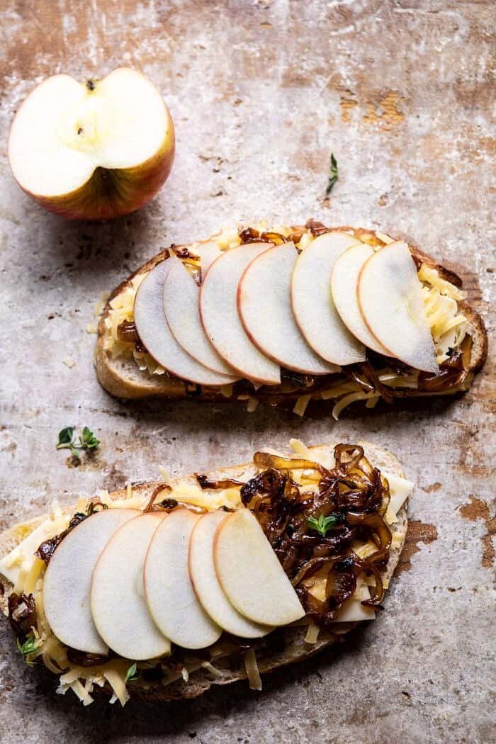French Onion and Apple Grilled Cheese | halfbakedharvest.com #grilledcheese #frenchonion #easyrecipes #fall #autumn overhead photo of French Onion and Apple Grilled Cheese before cooking