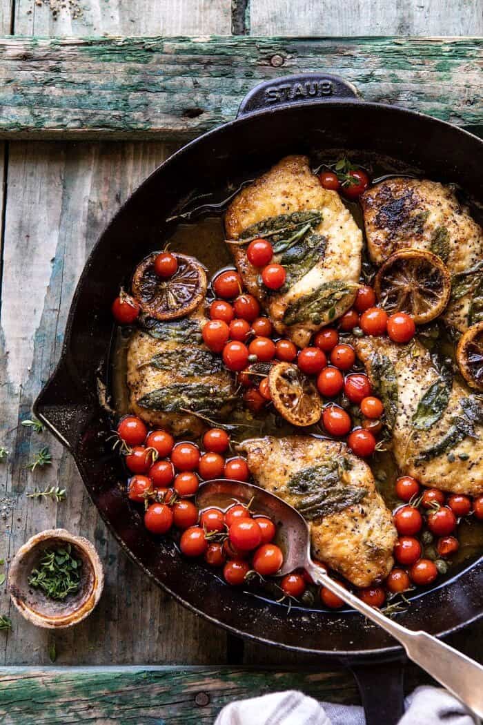Sage Lemon Butter Chicken Piccata with Mashed Cauliflower | halfbakedharvest.com #chicken #healthyrecipes #easyrecipes #fall #autumn overhead photo of Sage Lemon Butter Chicken Piccata in skillet