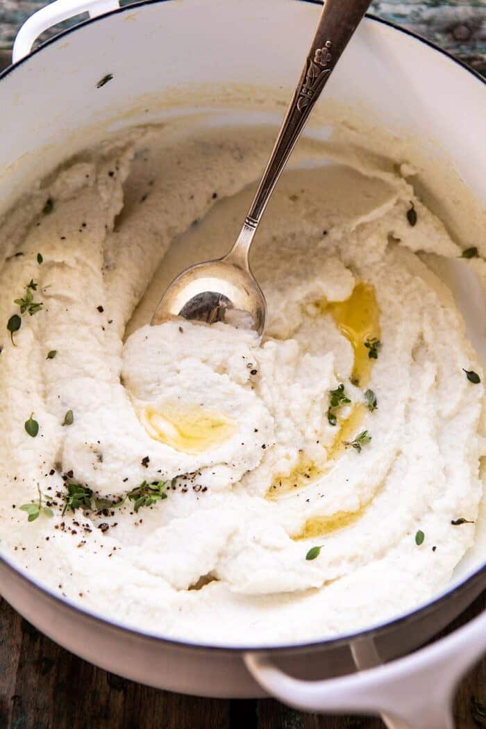 Sage Lemon Butter Chicken Piccata with Mashed Cauliflower | halfbakedharvest.com #chicken #healthyrecipes #easyrecipes #fall #autumn overhead photo of Mashed Cauliflower in pot