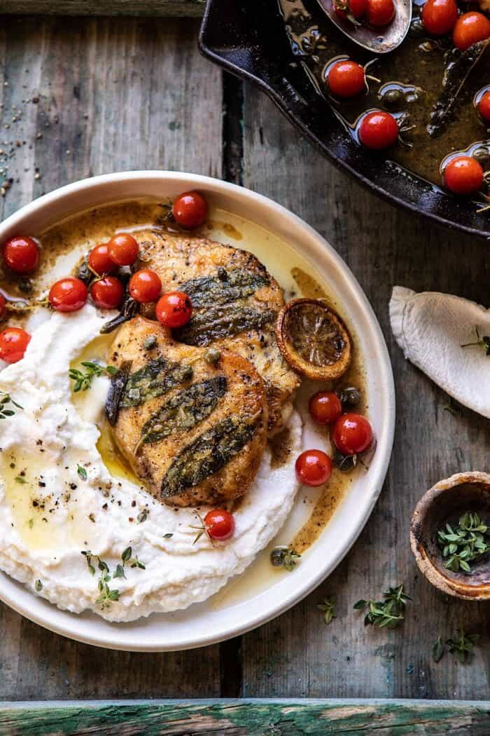 Sage Lemon Butter Chicken Piccata with Mashed Cauliflower | halfbakedharvest.com #chicken #healthyrecipes #easyrecipes #fall #autumn