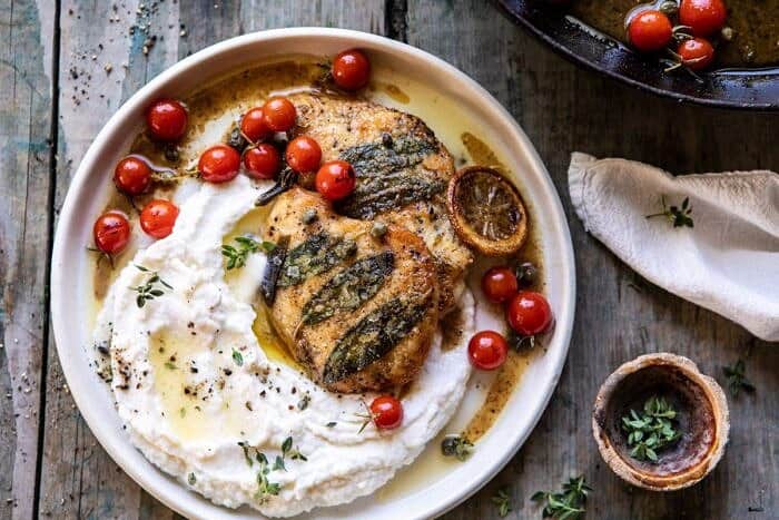 Sage Lemon Butter Chicken Piccata with Mashed Cauliflower | halfbakedharvest.com #chicken #healthyrecipes #easyrecipes #fall #autumn horizontal photo of Sage Lemon Butter Chicken Piccata with Mashed Cauliflower