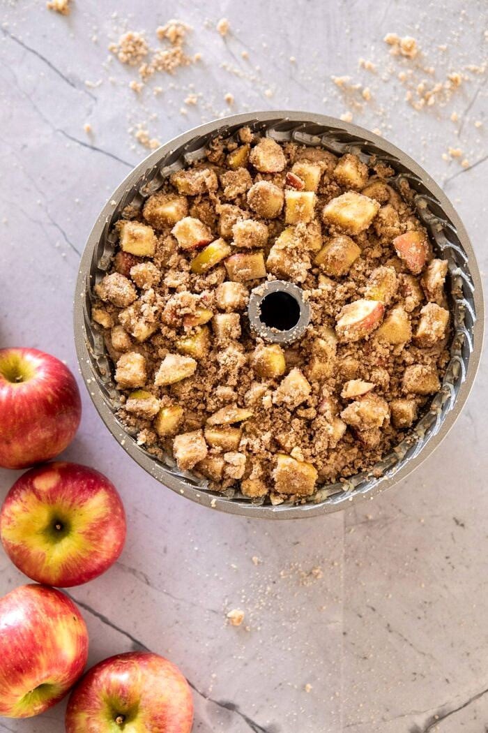 overhead photo of Spiced Pecan Apple Cider Doughnut Cake before baking