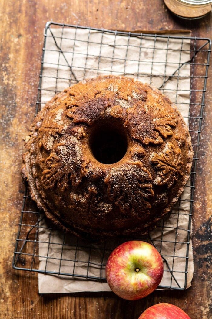 overhead photo of Spiced Pecan Apple Cider Doughnut Cake after baking on cooking rack