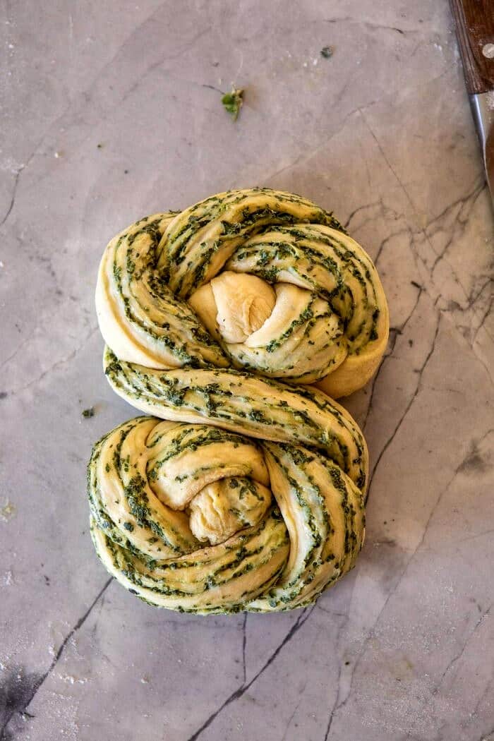Swirled Garlic Herb Bread on counter before baking