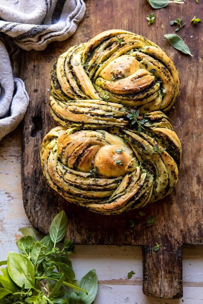 overhead photo of Swirled Garlic Herb Bread before slicing