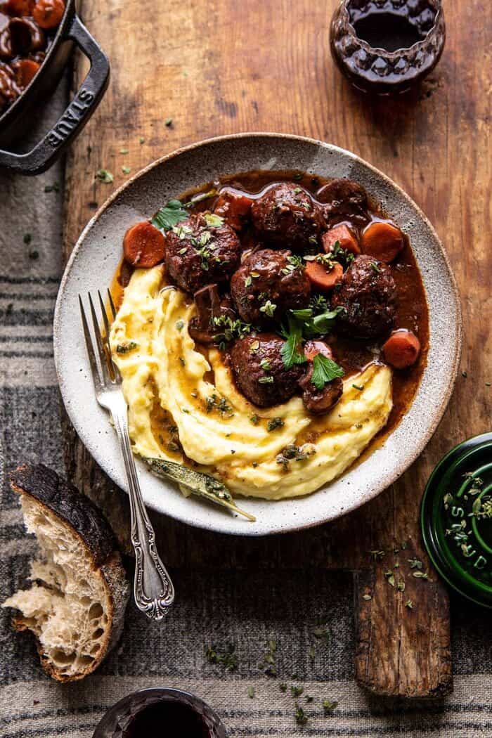 overhead photo of 30 Minute Coq au Vin Chicken Meatballs with browned Butter Mashed Potatoes