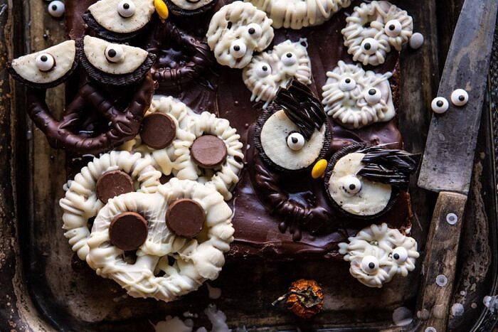 BOO! Spooky Monster Chocolate Covered Pretzel Brownies | halfbakedharvest.com #halloween #brownies #easyrecipes #dessert #fall horizontal photo of BOO! Spooky Monster Chocolate Covered Pretzel Brownies